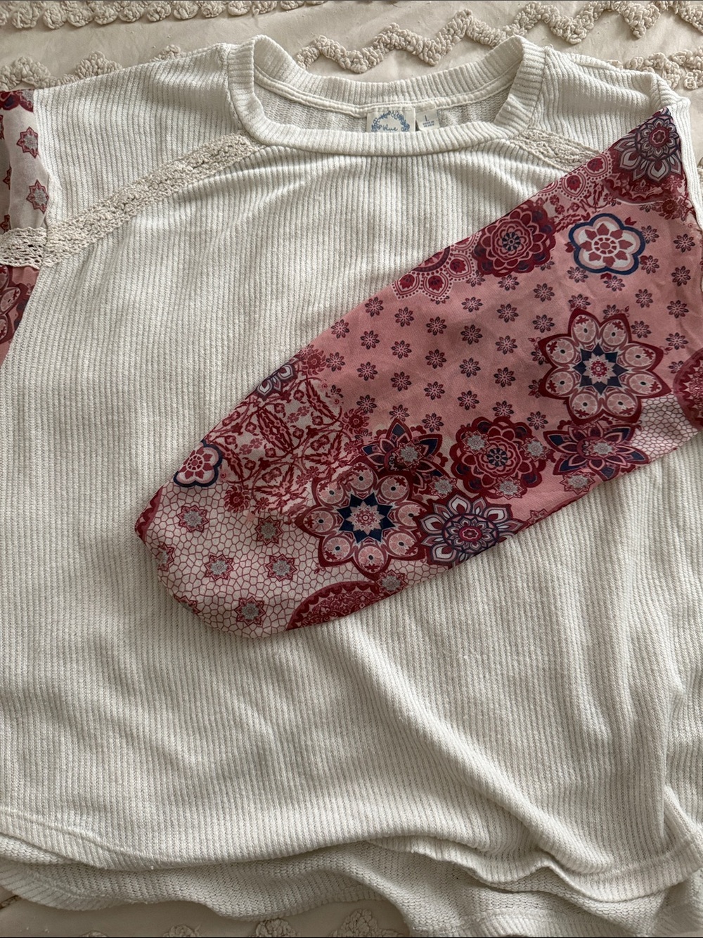 Blue Rain Cream Knit Top with Pink Patchwork Balloon Sleeves